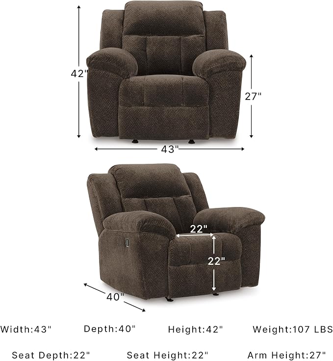 Signature Design by Ashley Frohn Rocker Recliner Chair, Chocolate Brown | Plush chenille fabric, Oversized 43-in manual pull-tab design, Space-saving 12-in...