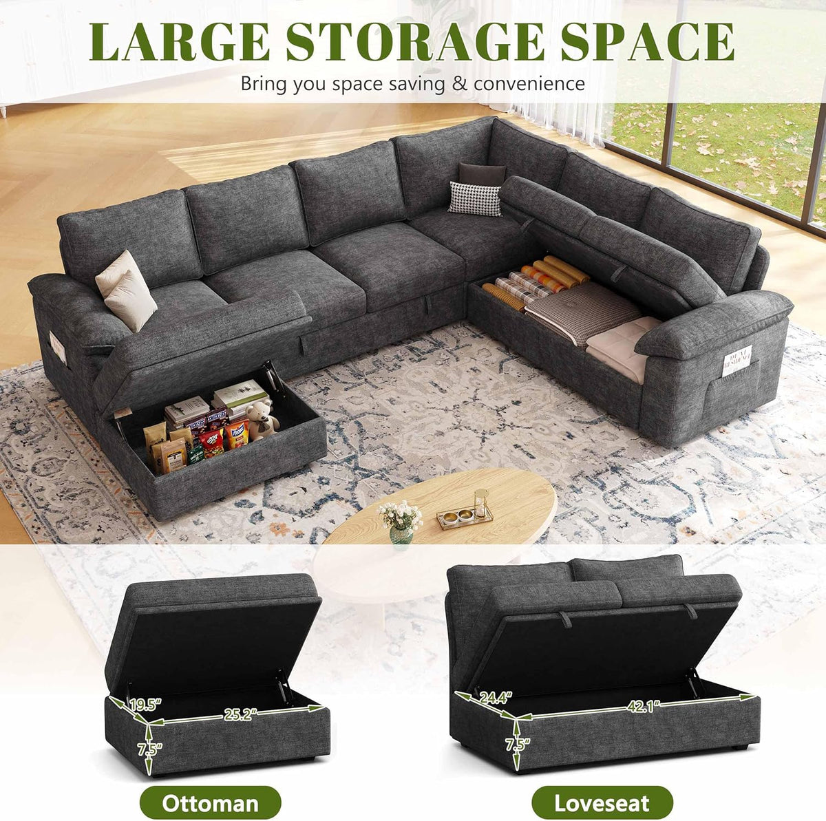 108'' Modular Sectional Sofa with Pull Out Bed, Sleeper Sofa, Dark Gray | U Shaped 7 Seat Sectional Couches for Living Room, Cloud Modular Couch..