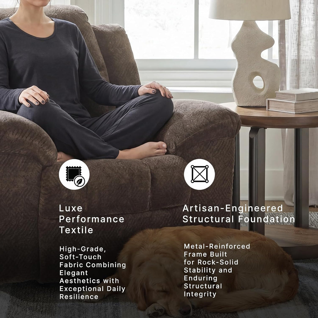 Signature Design by Ashley Frohn Rocker Recliner Chair, Chocolate Brown | Plush chenille fabric, Oversized 43-in manual pull-tab design, Space-saving 12-in...