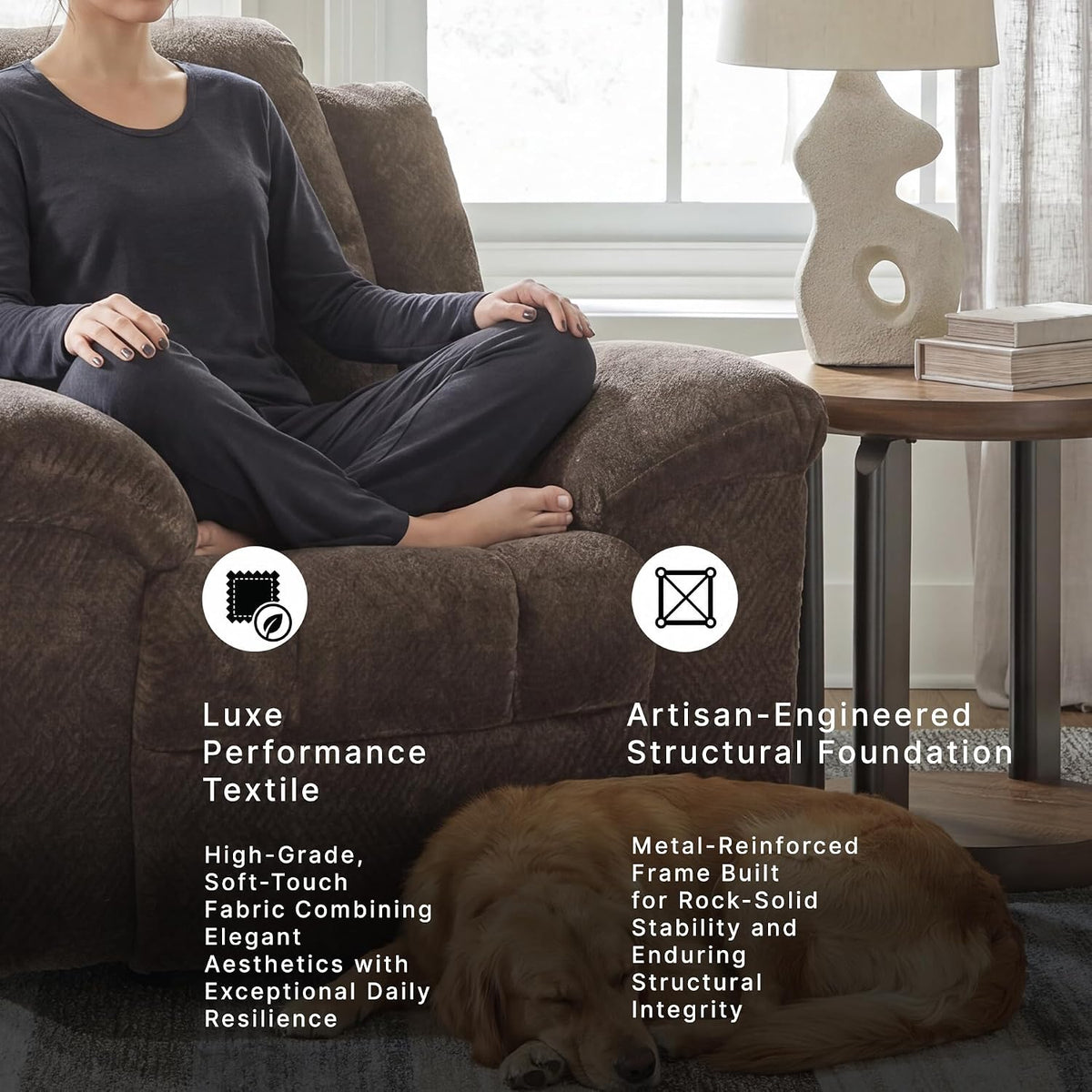 Signature Design by Ashley Frohn Rocker Recliner Chair, Chocolate Brown | Plush chenille fabric, Oversized 43-in manual pull-tab design, Space-saving 12-in...