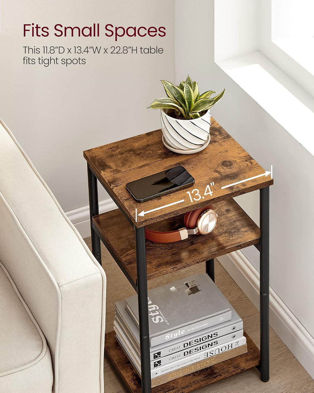 VASAGLE Side Table, Small End Table, Tall Nightstand, Steel Frame | For Living Room, Bedroom, Office, Bathroom, Rustic Brown and Ink Black ULET273B01