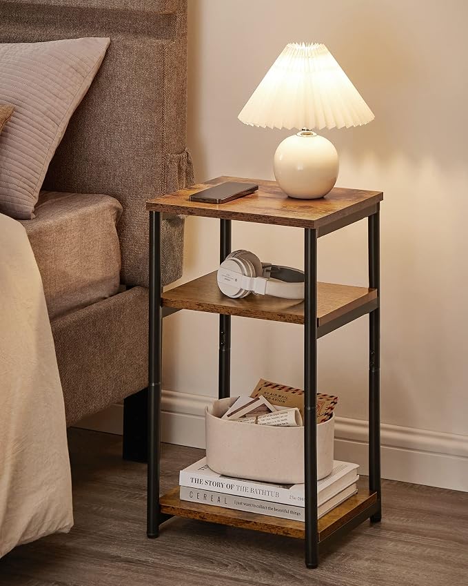VASAGLE Side Table, Small End Table, Tall Nightstand, Steel Frame | For Living Room, Bedroom, Office, Bathroom, Rustic Brown and Ink Black ULET273B01