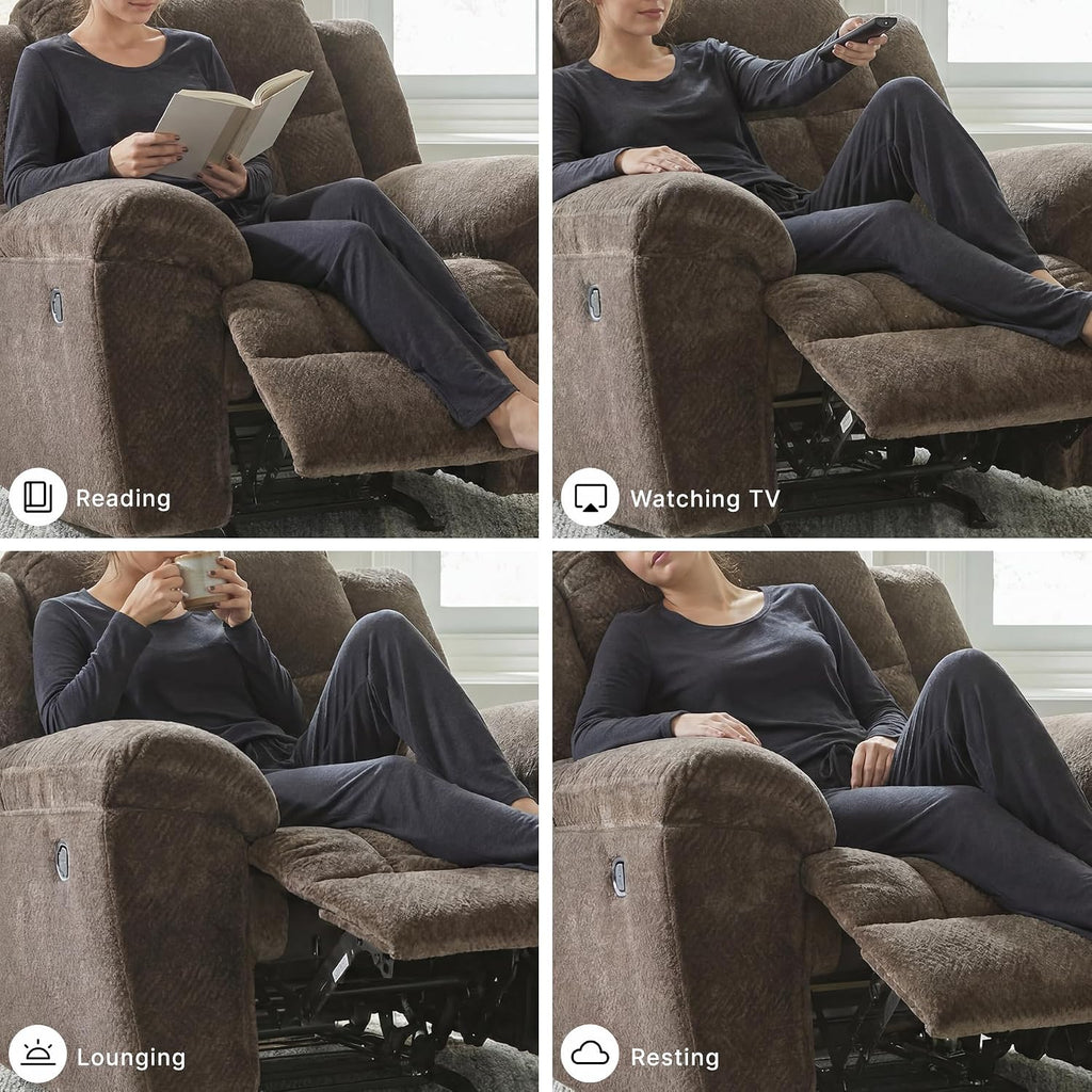 Signature Design by Ashley Frohn Rocker Recliner Chair, Chocolate Brown | Plush chenille fabric, Oversized 43-in manual pull-tab design, Space-saving 12-in...