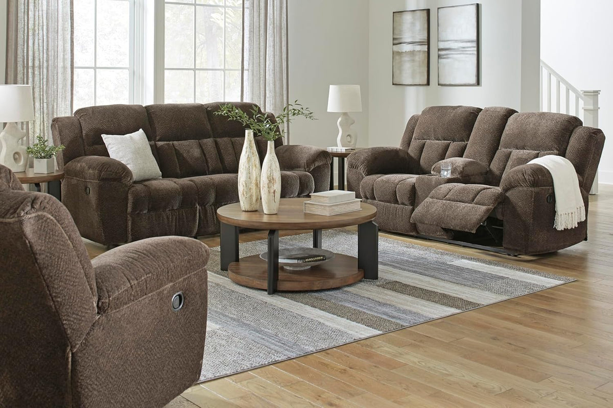 Signature Design by Ashley Frohn Rocker Recliner Chair, Chocolate Brown | Plush chenille fabric, Oversized 43-in manual pull-tab design, Space-saving 12-in...