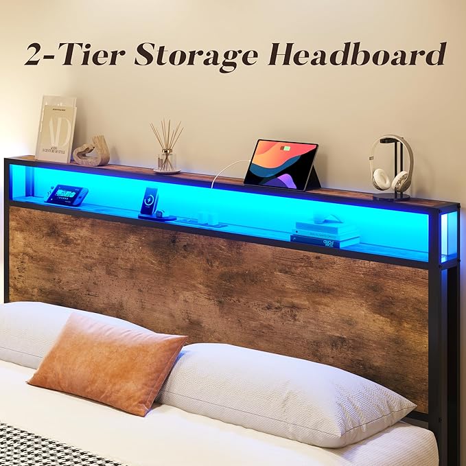 Lifezone Queen Bed Frame with 2-Tier Storage Headboard, Metal Platform Bed Frame with 4 Storage Drawers, Built in Charging Station & LED