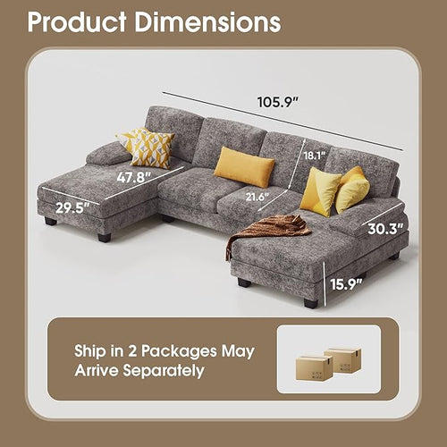 Furmax Sectional Couches for Living Room, Chenille, Grey | U-Shaped Sofa Couch with Linen Fabric, 4 Seat Sofa Set with Double Chaise for Apartment