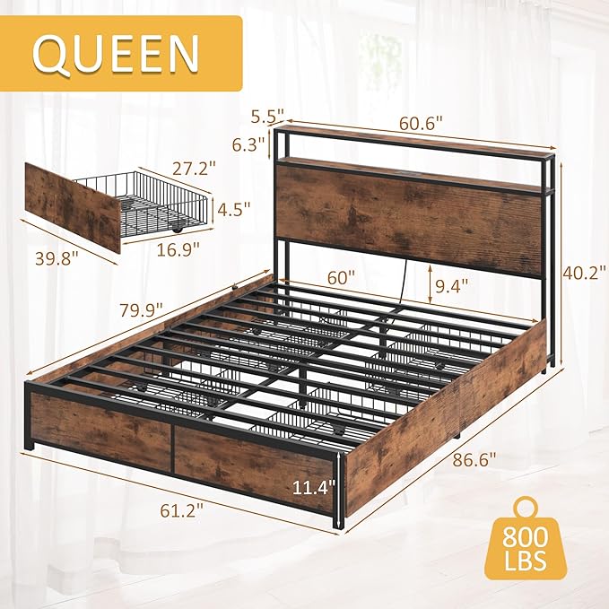 Lifezone Queen Bed Frame with 2-Tier Storage Headboard, Metal Platform Bed Frame with 4 Storage Drawers, Built in Charging Station & LED
