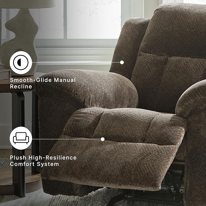 Signature Design by Ashley Frohn Rocker Recliner Chair, Chocolate Brown | Plush chenille fabric, Oversized 43-in manual pull-tab design, Space-saving 12-in...