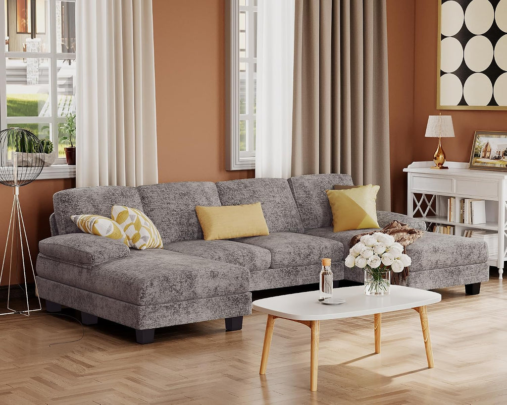 Furmax Sectional Couches for Living Room, Chenille, Grey | U-Shaped Sofa Couch with Linen Fabric, 4 Seat Sofa Set with Double Chaise for Apartment