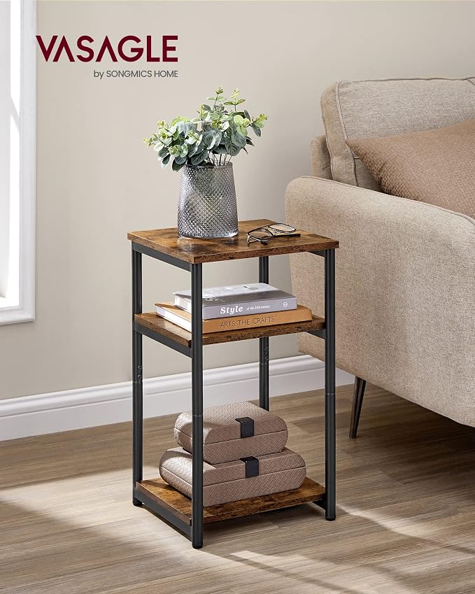 VASAGLE Side Table, Small End Table, Tall Nightstand, Steel Frame | For Living Room, Bedroom, Office, Bathroom, Rustic Brown and Ink Black ULET273B01