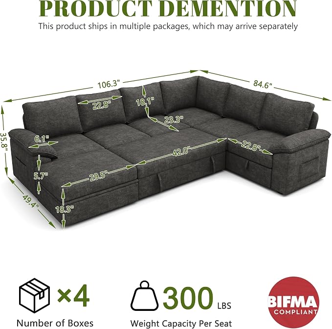 108'' Modular Sectional Sofa with Pull Out Bed, Sleeper Sofa, Dark Gray | U Shaped 7 Seat Sectional Couches for Living Room, Cloud Modular Couch..