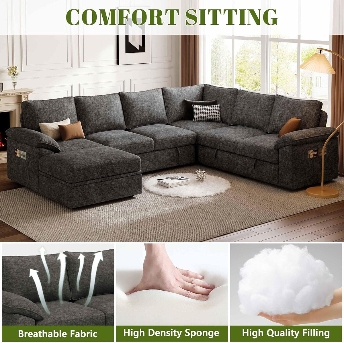 108'' Modular Sectional Sofa with Pull Out Bed, Sleeper Sofa, Dark Gray | U Shaped 7 Seat Sectional Couches for Living Room, Cloud Modular Couch..