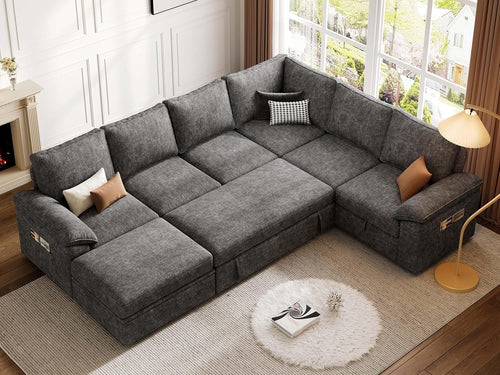 108'' Modular Sectional Sofa with Pull Out Bed, Sleeper Sofa, Dark Gray | U Shaped 7 Seat Sectional Couches for Living Room, Cloud Modular Couch..