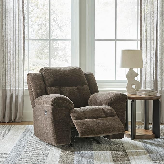 Signature Design by Ashley Frohn Rocker Recliner Chair, Chocolate Brown | Plush chenille fabric, Oversized 43-in manual pull-tab design, Space-saving 12-in...