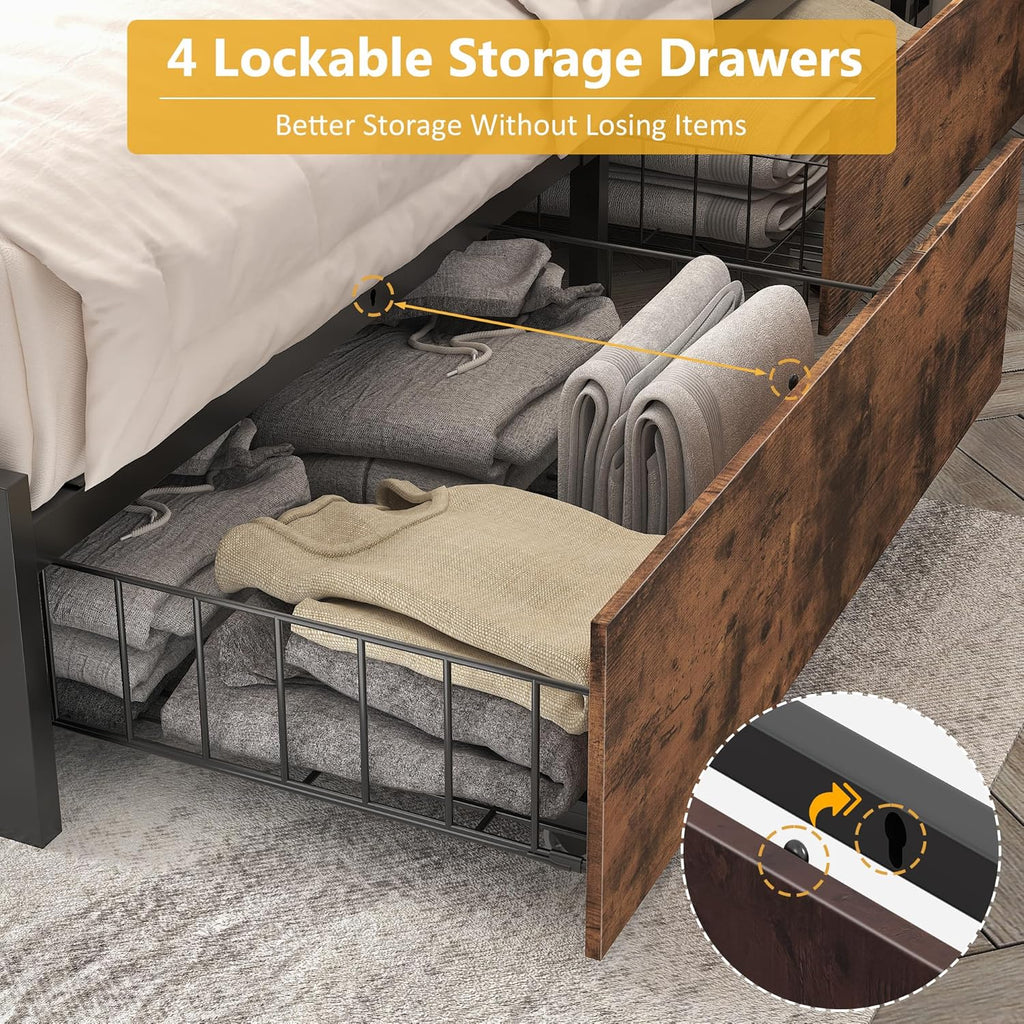 Lifezone Queen Bed Frame with 2-Tier Storage Headboard, Metal Platform Bed Frame with 4 Storage Drawers, Built in Charging Station & LED