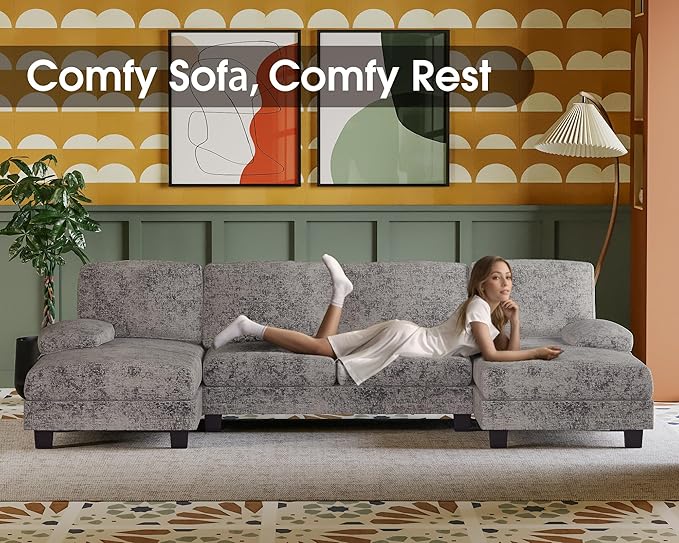 Furmax Sectional Couches for Living Room, Chenille, Grey | U-Shaped Sofa Couch with Linen Fabric, 4 Seat Sofa Set with Double Chaise for Apartment