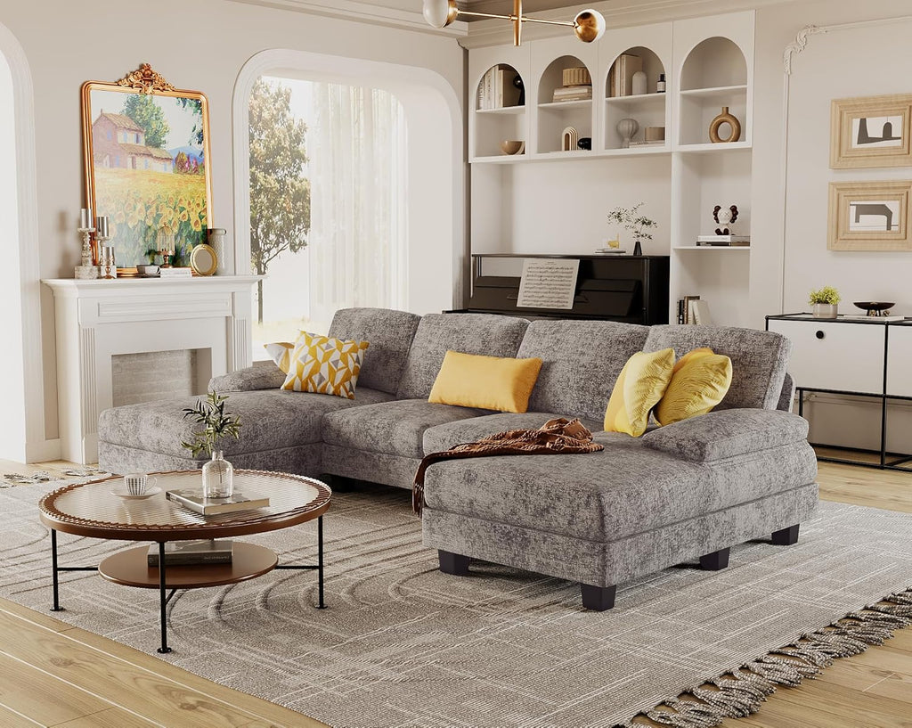 Furmax Sectional Couches for Living Room, Chenille, Grey | U-Shaped Sofa Couch with Linen Fabric, 4 Seat Sofa Set with Double Chaise for Apartment