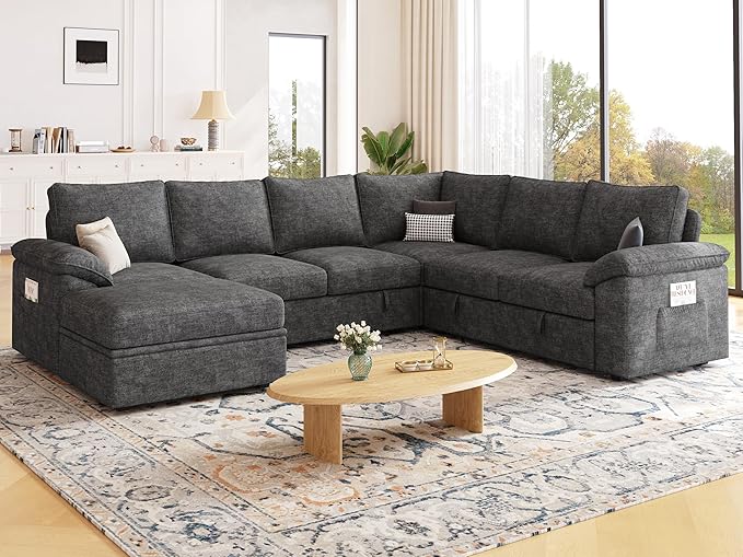 108'' Modular Sectional Sofa with Pull Out Bed, Sleeper Sofa, Dark Gray | U Shaped 7 Seat Sectional Couches for Living Room, Cloud Modular Couch..