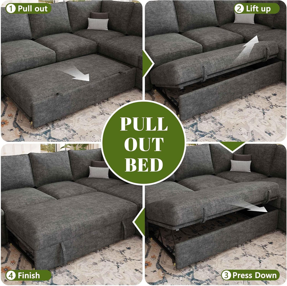 108'' Modular Sectional Sofa with Pull Out Bed, Sleeper Sofa, Dark Gray | U Shaped 7 Seat Sectional Couches for Living Room, Cloud Modular Couch..