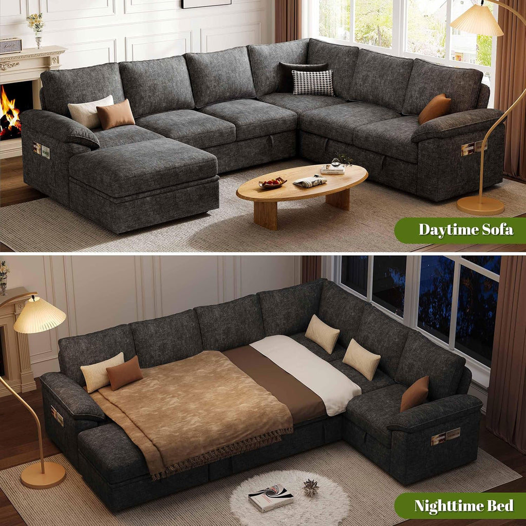 108'' Modular Sectional Sofa with Pull Out Bed, Sleeper Sofa, Dark Gray | U Shaped 7 Seat Sectional Couches for Living Room, Cloud Modular Couch..