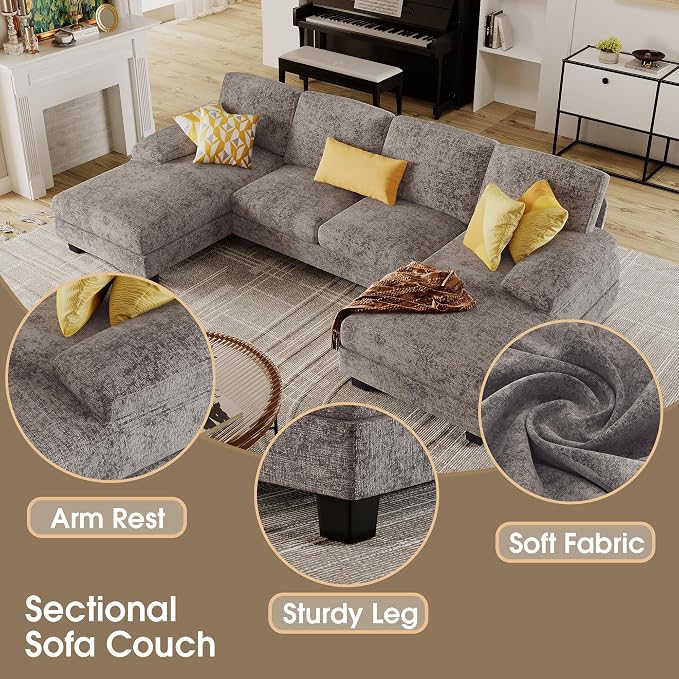 Furmax Sectional Couches for Living Room, Chenille, Grey | U-Shaped Sofa Couch with Linen Fabric, 4 Seat Sofa Set with Double Chaise for Apartment
