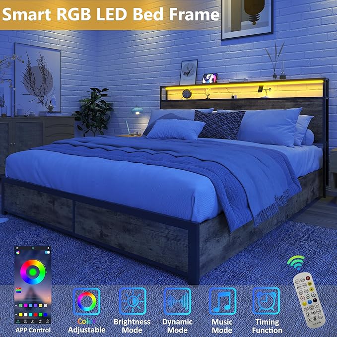 Lifezone Queen Bed Frame with 2-Tier Storage Headboard, Metal Platform Bed Frame with 4 Storage Drawers, Built in Charging Station & LED